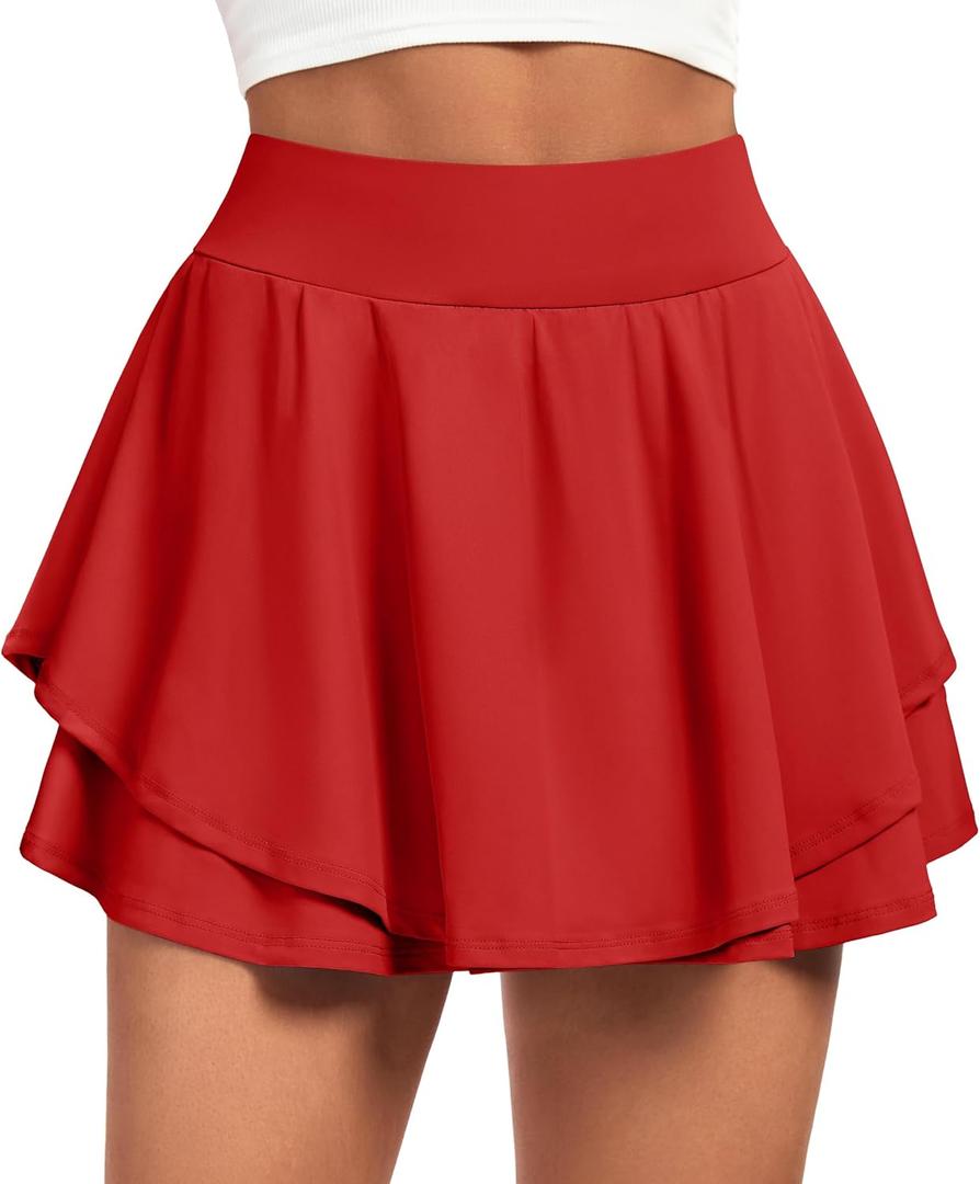 IUGA Tennis Skirt Pleated Skorts for Woman Double Ruffle Golf Skirts for Women Skort with Pockets Tummy Control Athletic (Large, Red)
