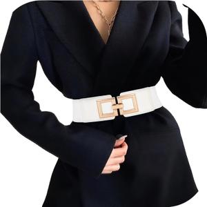 Wide Belts for Women Fashion Elastic Belt for Dresses Vintage Waist Belt Ladies Stretchy Belt Gold Buckle (Fit waist size 37-41, White)