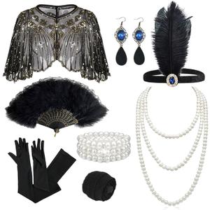 Boonbery 1920s Flapper Gatsby Accessories Set for Women Roaring 20's Theme Party Costume Kit Fashion Roaring 20's Theme Set (Black Gold)