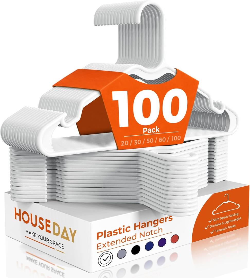 HOUSE DAY White Plastic Hangers 100 Pack, Slim with Non-Slip Extended Notch