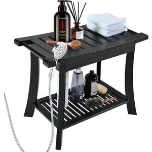 Black Bamboo Shower Bench for Inside Shower with Storage Shelf, Bathroom Shower Stool for Adults Shaving Legs, Spa Bathroom Bench Stool for Indoor Outdoor Use,Bamboo