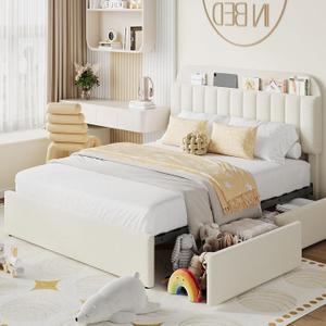 IDEALHOUSE Full Bed Frame with 2 Flexible Drawers and Bookcase Headboard, Boucle Upholstered Platform Bed for Boys/Girls, Noise-Free, Easy Assembly, No Box Spring Needed, Beige