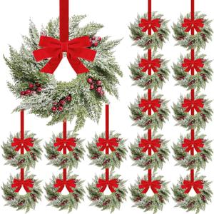 18 Pcs Small Christmas Norfolk Wreaths 15 Inch Christmas Kitchen Cabinet Mini Wreath Real Touch with Bow Ribbon Cedar Red Berry for Xmas Front Door Window Chair Fireplace Table Pillar Farmhouse Decor