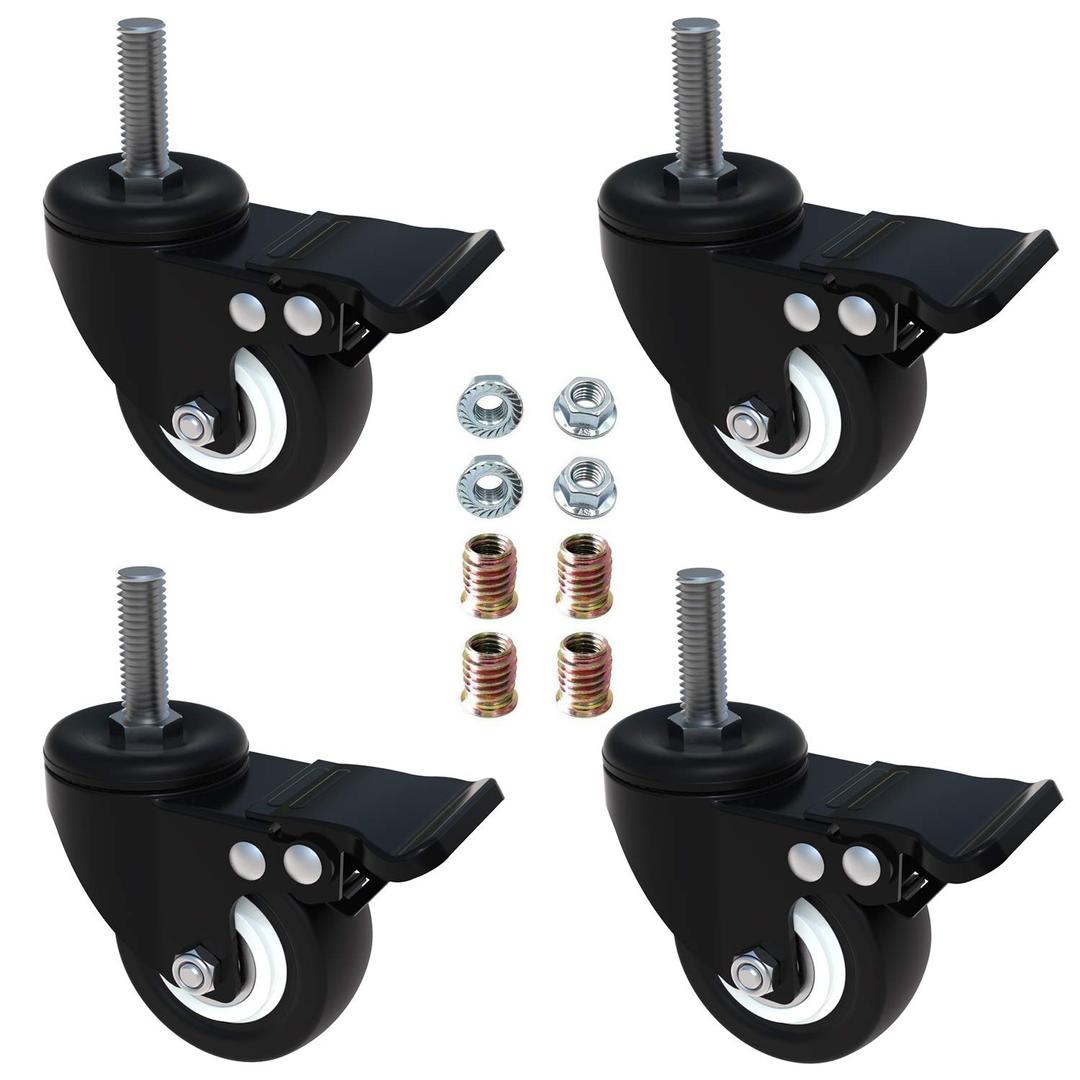AAGUT 2" Stem Caster Wheels with Brake Lock, Screwed Bolt 3/8"-16 x 1, Swivel Rubber Wheels 4 Pack with Nuts Double Bearings No Noise Castors