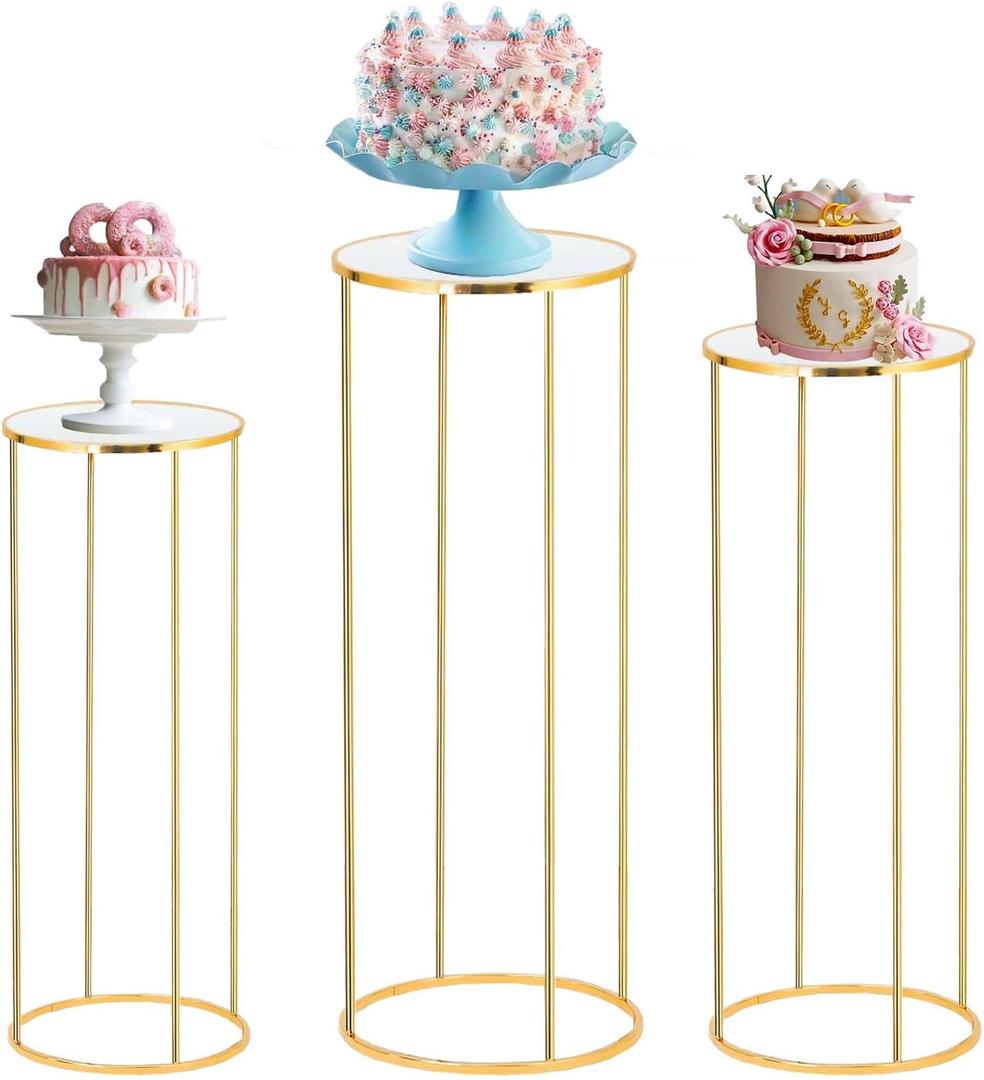 Bonastella Cylinder Stands for Party, 3PCS Cylinder Pedestal Stand, Cilindros Para Fiestas Cake Table Stand for Parties Metal Plant Stand Cylinder Tables for Parties Round Cylinder Stands for Party, Gold 