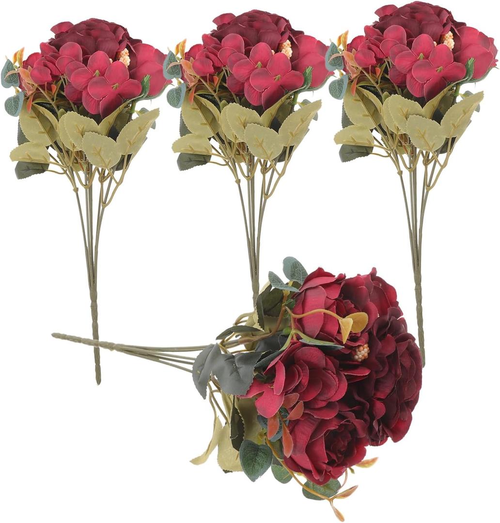 Vaguelly 4pcs Romantic Rose Bouquet Faux Flower Centerpiece for Weddings Home Decor Easy to Arrange for Table Decorations Floral Arrangements Elegant Design (Dark Red)