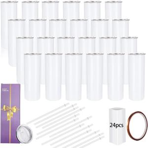 YOUKE OLA 24 Pack Sublimation Tumblers Straight Skinny Blanks 20oz for Heat Transfer, Individual Gift Boxed, Double Wall Insulated Tumbler with Shrink Wrap Films & Heat Tape & Straws, White, 24 Count