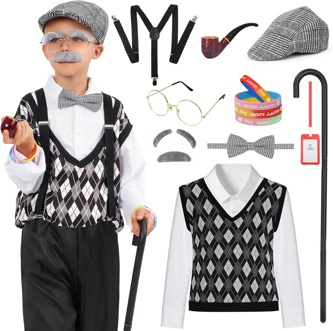 WooWee 100 Days of School Costume for Boys, Old Man Costume for Kids, 100th Day of School Dress Up (Gray)