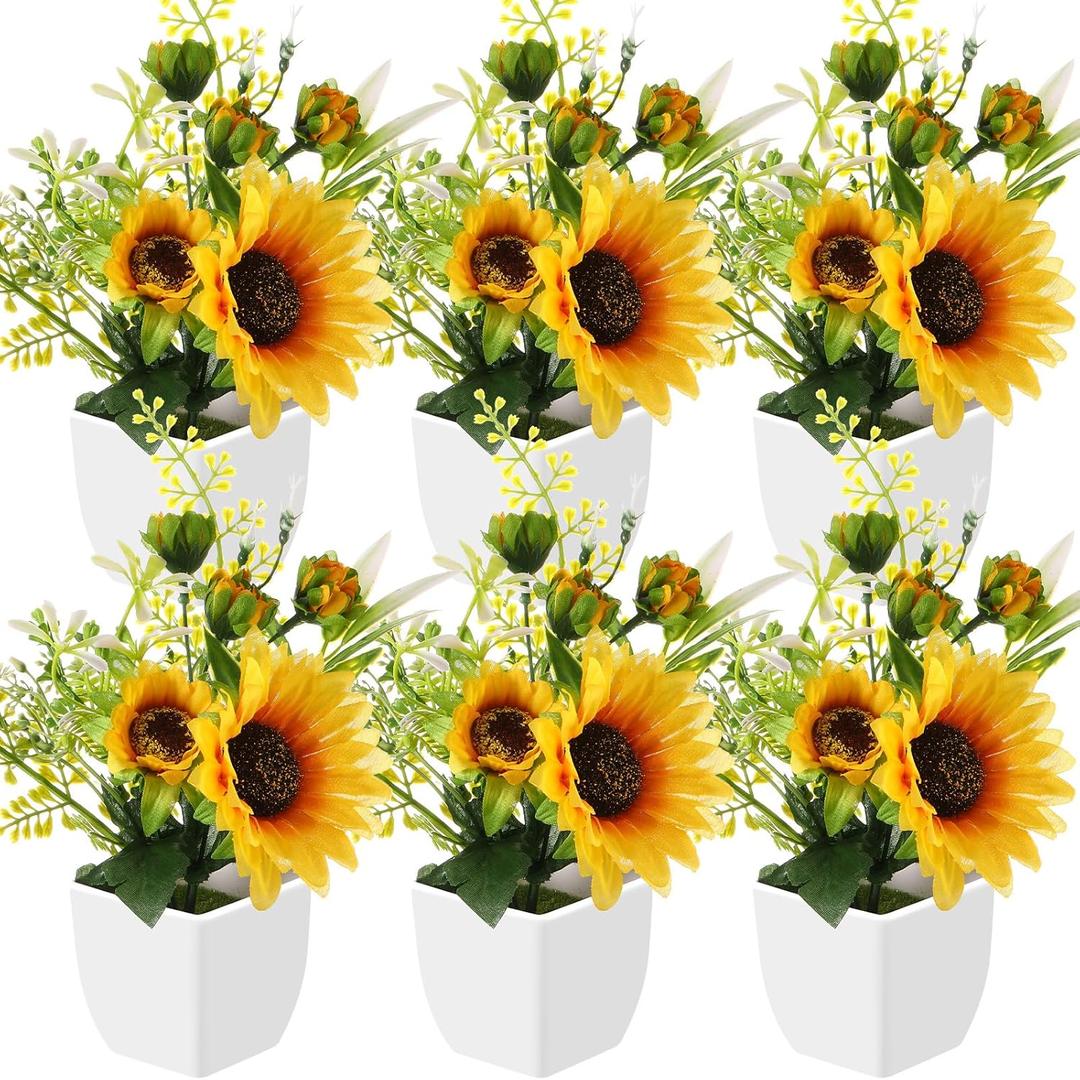 6 Pcs Artificial Sunflower Potted Plants Table Centerpieces Spring Summer Sunflowers with Plastic Pot Artificial Flower Arrangement Wedding Party Decoration Rustic Kitchen Decor (Sunflower Style)