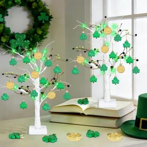 2 Pack St. Patricks Day Lighted Tree Decorations, 22" Birch Tree with 24 Pcs Shamrock Ornaments, Battery Operated St Patricks Day Tabletop Decor for Spring Party Home Table Fireplace Office