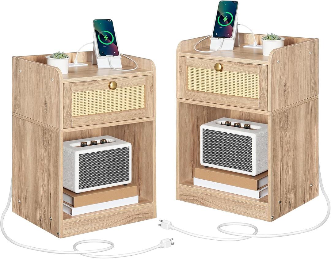 CHOEZON Rattan Nightstands Set of 2 with Charging Station, Boho Nightstand, Rattan Bedside Tables with Drawer, Storage Side Table with 2 USB Ports, Bedroom, Natural MBZ01UP2WO, 15.4"L x 11.3"W x 21.9"H