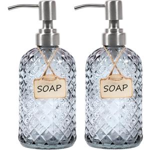 Bathroom & Kitchen Glass Hand and Dish Soap Dispenser with 304 Rustproof Stainless Steel Pump (Grey-2pack) (Gray)