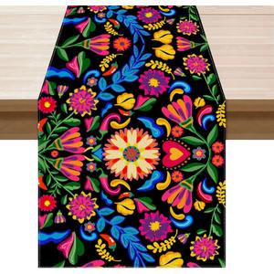 XCHI Colorful Flowers Peppers Dia De Los Muertos Table Runner Cinco De Mayo Day of The Dead Table Decoration for Home Kitchen Dining Holiday Fiesta Themed Party Decor 13x108 Inch
