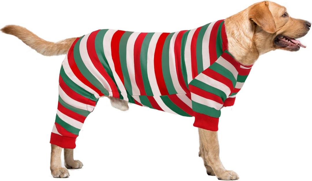 Dog Christmas Pajamas Cotton Striped Pet Jumpsuit, Breathable Comfy Thermal Warm Pjs for Puppy, Dog Christmas Pajamas Holiday Shirts for Small Large Dogs Onesie Boys and Girls 3XL (XXX-LargeWeight: 74- 100 lbs, Red)