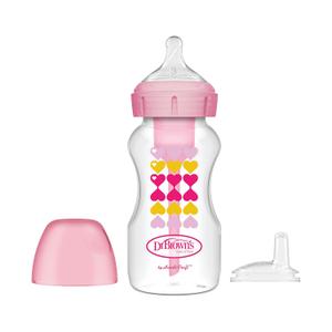 Dr. Browns Anti-Colic Options+ Wide-Neck Sippy Bottle Starter Kit, 9oz/270mL, with Level 3 Medium-Fast Flow Nipple and Soft 100% Silicone Sippy Spout, Pink, BPA Free, 6m+