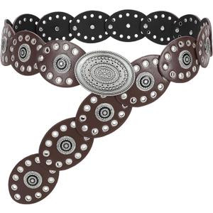 WHIPPY Women Disc Concho Leather Belt Western Cowgirl Wide Belt Vintage Boho Country Oval Waist Belt for Music Festival Dress (Brown)