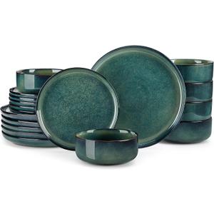 vancasso Starry 18 Pieces Dinnerware Sets for 6, Green Reactive Glaze Dishes Sets, Ceramic Plates and Bowls Set, Dinner Salad Dessert Plates, and Cereal Bowls Set, Dishwasher and Microwave Safe