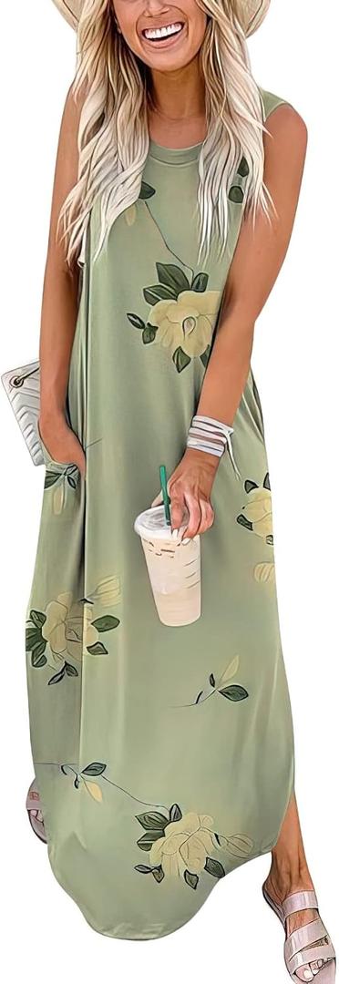 ANRABESS Women Casual Loose Sundress Sleeveless Split Maxi Long Beach Shirt Dress Travel Vacation 2025 Summer Outfits (Large, Floral Pea Green)