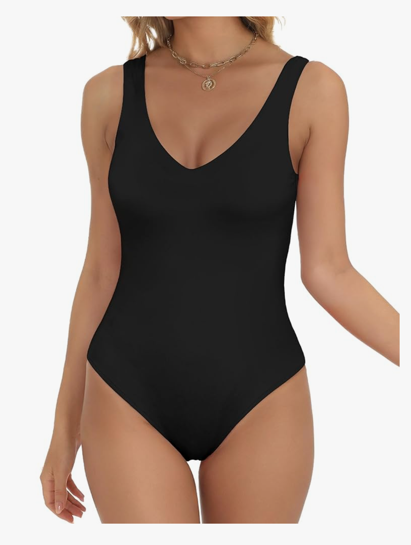 Women’s Sexy Deep V Neck Sleeveless Bodysuits Double Lined Backless Basic Tank Thong Body Suits for Going Out Size S