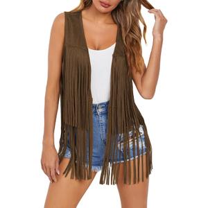 Dokotoo Womens Fringe Vest 70s Hippie Costume Sleeveless Cowgirl Western Outfits Faux Suede Tassel Leather Outerwear (Brown, XL)