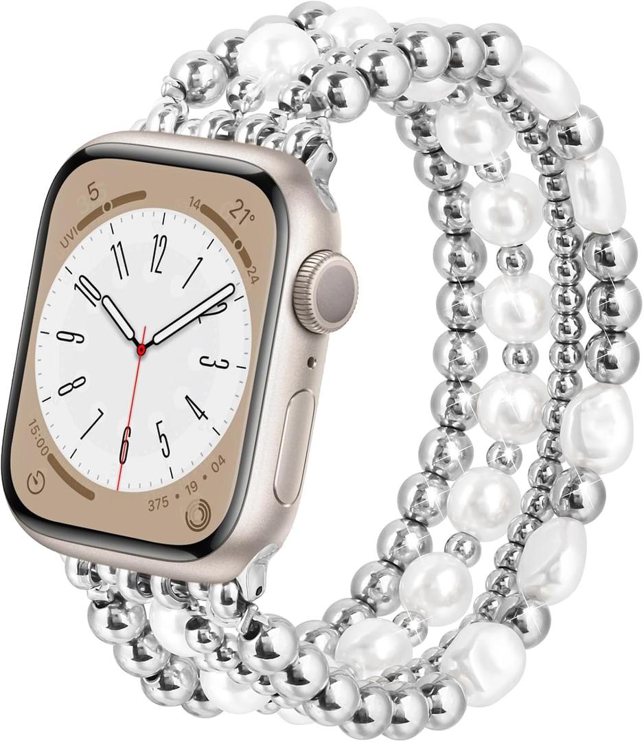 AIRSPO Gold Beaded Bracelets Compatible for Apple Watch Band 38mm 40mm 41mm 42mm Women, Fashion Handmade Dressy iPhone Watch Bands Stainless Steel Beads Elastic Strap for iWatch Series 11 10 9 SE 8 7 6 5 4 3 2 1 (Silver)