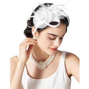 SWEETV Tulle Fascinators for Women, Tea Party Hats for Kentucky Fascinators Derby, Cocktail, Wedding, Fancy Dress Party (White)