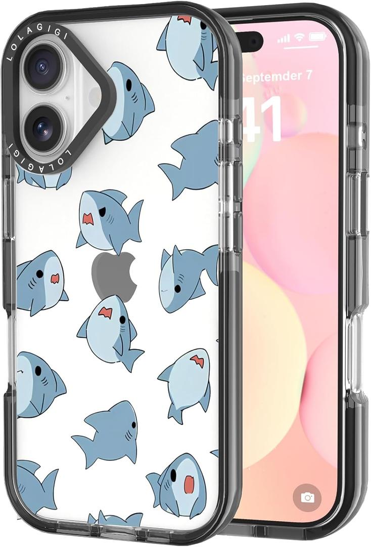 Case for iPhone 16, Cute Blue Sharks Kawaii Funny Design Girly Aesthetic Cartoon Pattern for Women Girls Teens Transparent Acrylic Hard Case,6.1"