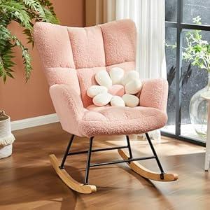 Rocking Chair Nursery, Teddy Upholstered Glider Rocker with High Backrest, Reading Chair Modern Rocking Accent Chairs Glider Chair for Nursery, Living Room, Bedroom, Baby Pink 