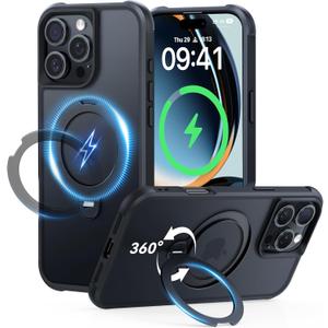 2 x 360 Spin Magnetic Stand (Pro-Version) for iPhone 16 Pro Case (Compatible with MagSafe) [Military Drop Protection] Matte Translucent Shockproof Protective Phone Case 6.3'', Black