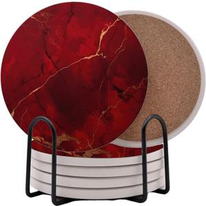 Dark Red Agate Marble Round Coasters Set of 6 - Abosrbent Ceramic Coasters with Metal Stand for Drinks, Coffee, Non-Slip Cork Back for Tabletop Protection, 4 Inches Marbled Pattern (Dark Marble)