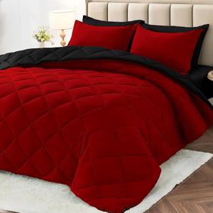 MUXHOMO 7 Pieces California King Comforter Set, Reversible Bed in a Bag Cal King Size, All Season Bedding Set with Comforter, Flat Sheet, Fitted Sheet, Pillowcases & Shams, Red & Black