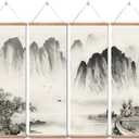 Landscape Painting,Chinese Ancient Architecture Posters and Prints,traditional Ink Decor,Wall Art Black and White for Living Room Bedroom,4 Piece Set Fixed Wooden Hanging Scroll (landscape, 12x36x4piece)