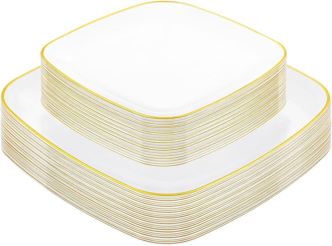 bUCLA 50PCS White and Gold Plastic Plates Disposable - Square Gold Heavy Duty - Include 25 Each (Dinner & Dessert) Plates for Party & Wedding