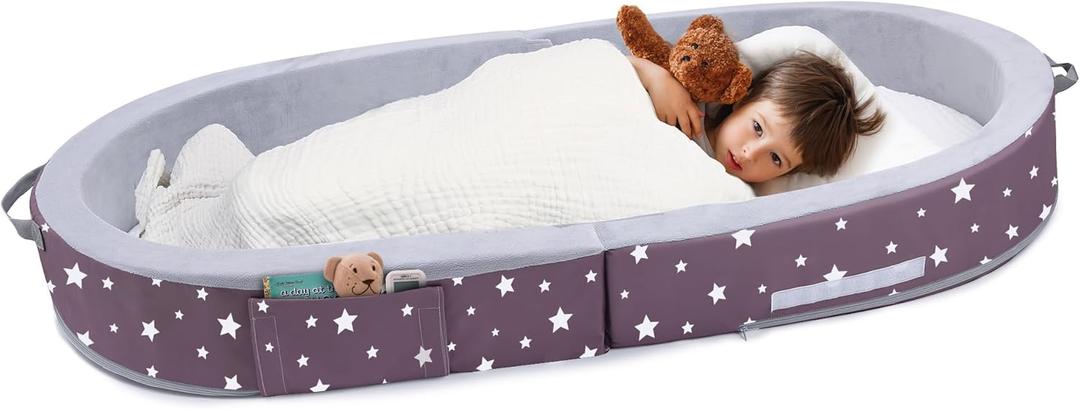 Mooedcoe Portable Foldable Toddler Travel Bed with Sides, Folding Toddler Bed for Travel Kid Foam Sleeping Cot for Children 18M  5yr Old (Round, Star)