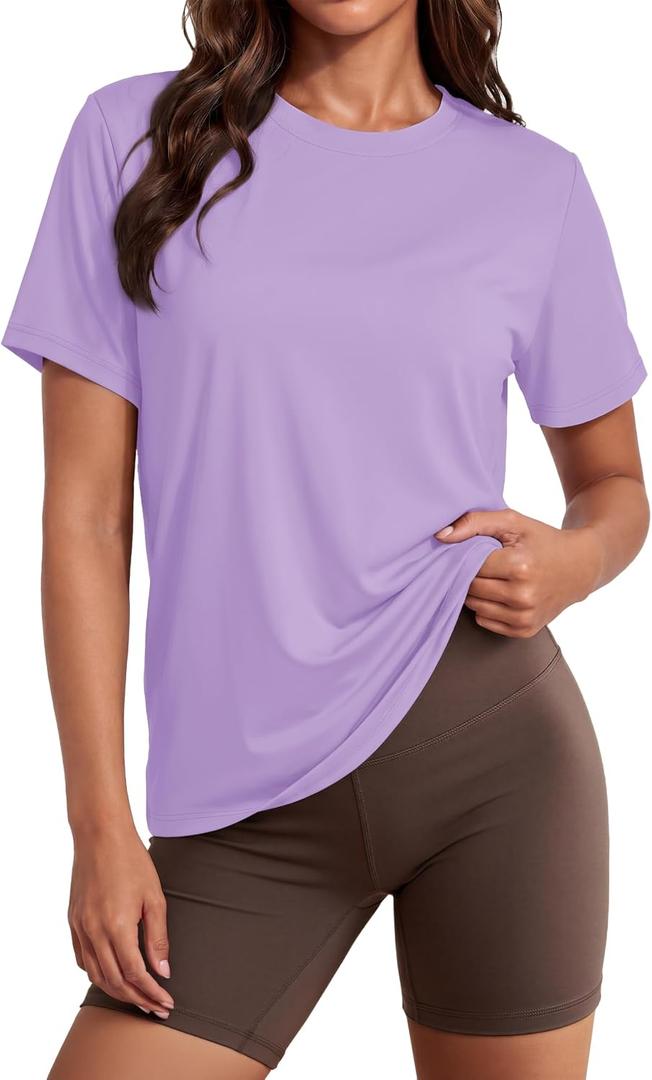 MAGCOMSEN Women's Workout Tops UPF 80+ Short Sleeve Moisture Wicking Shirt (Purple, L)