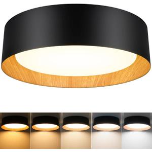BrightHome Flush Mount Ceiling Light, 13in 2600LM 25W(300W Equiv), LED Ceiling Light Fixture 5CCT 2700K 3000K 4000K 5000K 6000K, Dimmable Ceiling Lamp for Bedroom Bathroom Hallway, Black and Wood