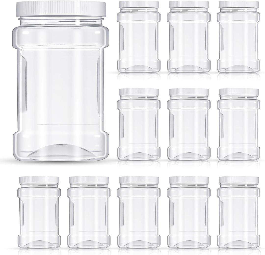 12 Pcs Clear Plastic Storage Jars with Lids 27 oz Wide-Mouth Refillable Paint Storage Containers for Candy, Food, Beads,Lotion