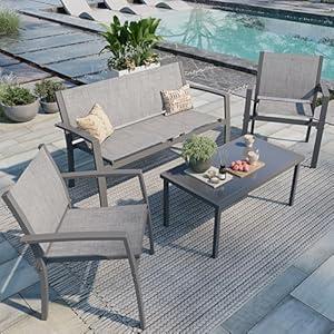 Shintenchi 4 Pieces Patio Furniture Set All Weather Textile Fabric Outdoor Conversation Set, with Glass Coffee Table, Loveseat, 2 Single Chairs for Home, Garden, Lawn, Porch (Silver）