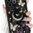Cute Phone Case for iPhone 15 Pro 6.1", Aesthetic Flower Floral Butterfly Pattern Design Girls Women Cover, Fashion Soft Slim TPU, Protective Silicone Funda for iPhone15 Pro, Black