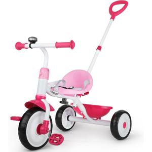Liberry 2 in 1 Toddler Tricycle Age 2 3 4 Years Old, Kids Trike with Adjustable Push Handle, Bell & Basket, 3 Wheel Bike Riding Toy Birthday for Girls Boys, Pink
