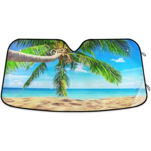 Beach Palm Tree Windshield Sun Shade - Tropical Hawaii Blue Sea Shield Protector - Foldable Reflective UV Rays - Keep Your Vehicle Cool - Fits Car, Truck, SUV (55*27.6inch)