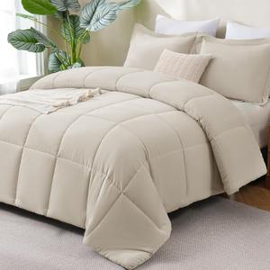 CozyLux Full Size Comforter Sets - Beige Comforter Full Size, 3 Pieces Box Stitched Bed Set for All Seasons, Soft Lightweight Bedding Sets with 1 Down Alternative Comforter and 2 Pillow Shams