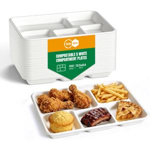 Turbo Bee Disposable 5 Compartment Plates, 100Pack Bagasse Divided Paper Trays, Heavy Duty Serving Plates for School Lunch, Meal Prep, Picnic and Buffet
