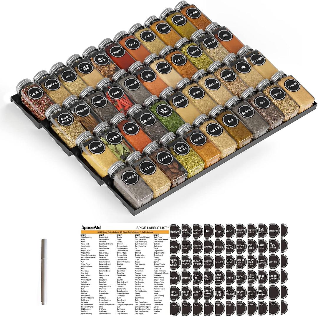 SpaceAid Spice Drawer Organizer with 44 Spice Jars, 386 Spice Labels, 4 Tier Seasoning Rack Tray Insert for Kitchen Drawers, 20.25" Wide x 17.5" Deep