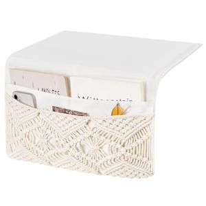 Mkono Macrame Bedside Caddy Storage Organizer Boho Remote Control Tablet Magazine Holder with 4 Pockets Non-slip Countertop Bedside Caddy for Home Bedroom Living Room College Dorm Bed, Ivory, Large