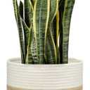 Dahey Jute Spliced Cotton Rope Plant Basket Modern Woven Storage Basket for 10.5" Floor Indoor Planter, Decorative Flower Pots Cover Laundry Bin with Handle Rustic Home Decor, White and Beige