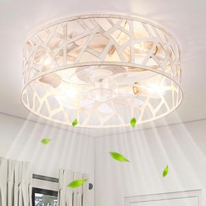 Flush Mount Fandelier Ceiling Fan with Lights and Remote, 18 inch Caged Ceiling Fan with Light Vintage White, Farmhouse Ceiling Fans for Bedroom, Kitchen, Living Room
