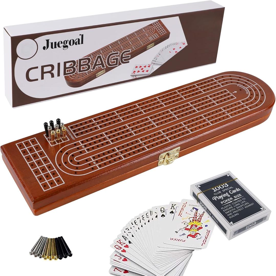 Juegoal Wood Cribbage Board Game Set 3 Tracks with Metal Pegs, Cards, Storage Area (Brown)