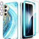 SHEDEER for Samsung Galaxy S24 Case with Glitter Camera Protector & Screen Protector, Samsung S24 Case Chic Anti-Yellowing Pattern, Shockproof Drop Protection Phone Cover S24 6.2'', Starlight Blue