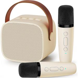 IROO Mini Karaoke Machine for Kids, 2025 Top Christmas Birthday Gifts for 4, 5, 6, 7, 8, 9, 10, 12+Years Old Girls Boys Grandkids, Party Portable Bluetooth Speaker with 2 Wireless Microphones (Beige)